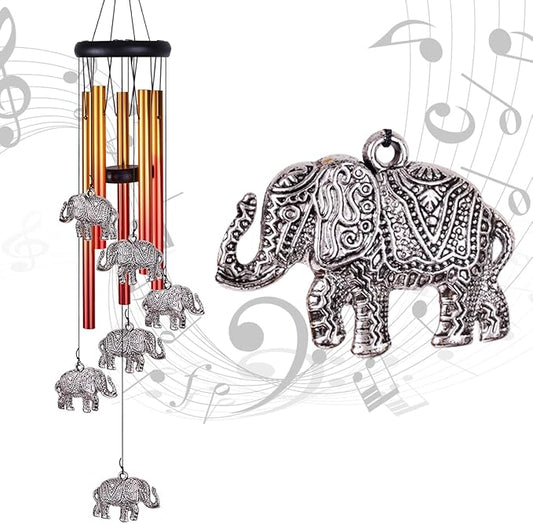Elephant Wind Chimes Outdoor/Indoor Decor - Pure Hand-Made Mobile Romantic Wind Catcher, 28" Elephants Wind Chimes for Home, Xmas, Gift for Mom, Balcony, Patio, Garden Decoration(6 Elephants, 5 Tubes)