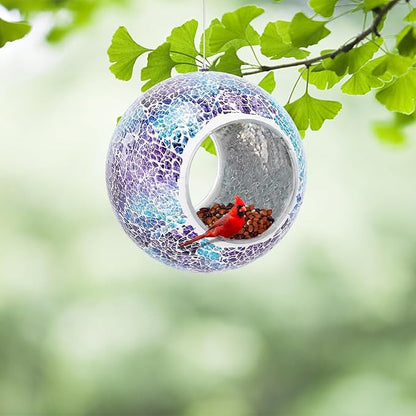 Yinns Bird Feeder - Glass Birds Feeder Outside Hanging, Mosaic Fly Through Birdfeeder with Oval Stained, Outdoor Garden Decor, 6.5 inch