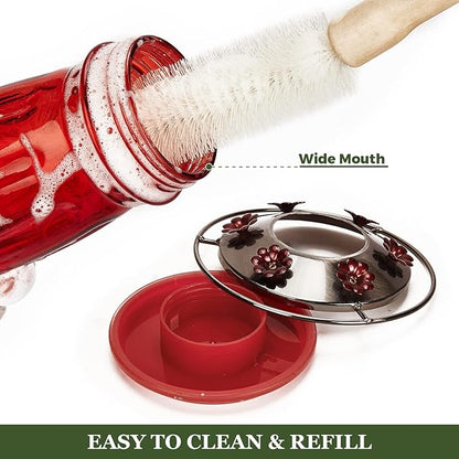 Kingsyard 2 Pack Glass Hummingbird Feeder for Outdoors, 16 Oz Wild Bird Feeder with 6 Feeding Ports Hanging for Garden Yard, Red (Ant Moat Included)