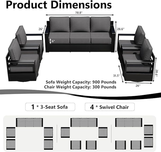 Outdoor Patio Furniture Set, 5-Piece Aluminum Patio Conversation Set All-Weather Metal Outdoor Sectional with 6 Inch Thick Cushions, Deep Setting for Garden, Outside and Porch