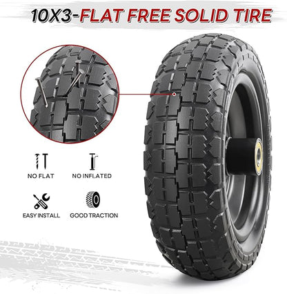 2 Pcs 10” Solid Tires, 10" x 3" Flat Free Tire and Wheel with 5/8” Axle Bore Hole and Double Sealed Bearings,2.1" Offset Hub Compatible with 10x3 Hand Truck, Wheelbarrow, Lawn Mower Tires