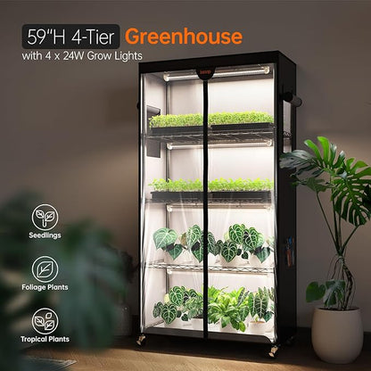 Bstrip Indoor Greenhouse with Grow Light, Plant Stand with 4 Pack 24W Full Spectrum Plant Lights , Plant Shelf with Tent for Indoor Plant, Seed Starting, Seed Tray, 29.5"x13.8"x59"