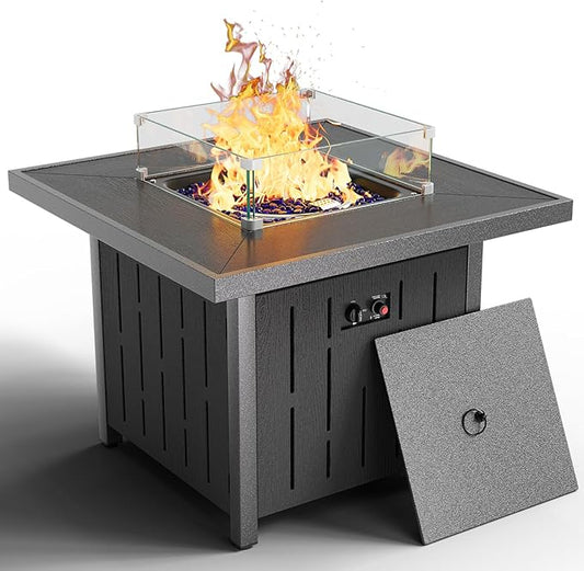 SERWALL 33" Outdoor Fire Pit Table, 50,000 BTU Square Propane Fire Pit Table with Lid, Glass Rock & Glass Wind Guard, HDPE Outdoor Furniture for Patio, Garden, Backyard, Black
