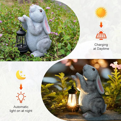 Solar Rabbit Garden Statues， Outdoor Bunny Figurines Decorations for Patio Yard Lawn Ornaments Christmas Housewarming Gift.