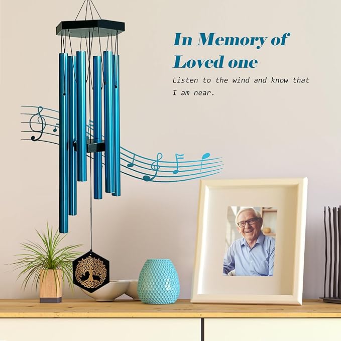 33" Tree of Life Memorial Wind Chimes | Soothing Blue Sympathy Wind Chime for Loss of Loved One, Calming Melody & Deep Tone, Outdoor Garden Decor & Housewarming Gift