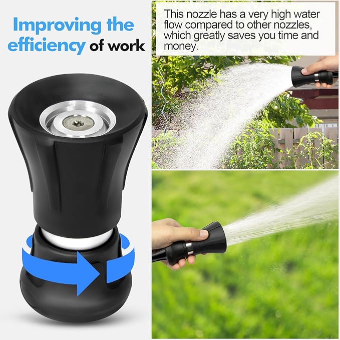 SPECILITE 5/8" Hot/Cold Water Hose 50 ft with High Flow Nozzle,Heavy Duty Flexible Rubber Garden Hose -50℉ to 158℉ With 3/4" Stainless Steel Fittings for Yard, Outdoor, Farm, Lightweight, Black