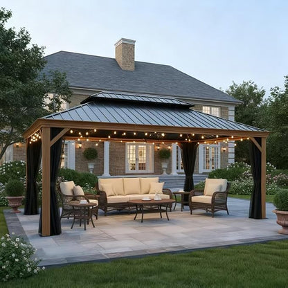 PURPLE LEAF 12' X 16' Outdoor Hardtop Gazebo for Patio Galvanized Steel Double Roof Permanent Canopy Aluminum Frame Pavilion Gazebo with Netting and String Lights
