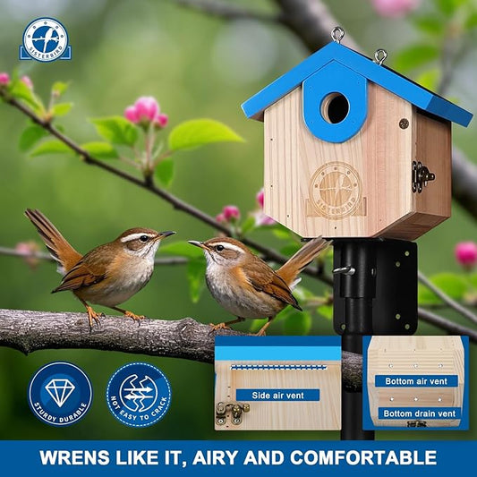Wren Bird Houses for Outside Cedar Hanging Birdhouses for Outdoors 1-1/8" Entrance Hole Bird Houses for Outside Clearance Wooden Nesting Box Chickadee Predator Guard, Blue