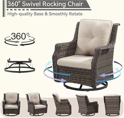 4 Piece Patio Furniture Set, 2 Swivel Glider Chairs and 2 Ottomans PE Wicker Footstool, Outdoors Rattan Conversation Set with Deep Seating and Olefin Cushions, for Backyard, Garden, Beige