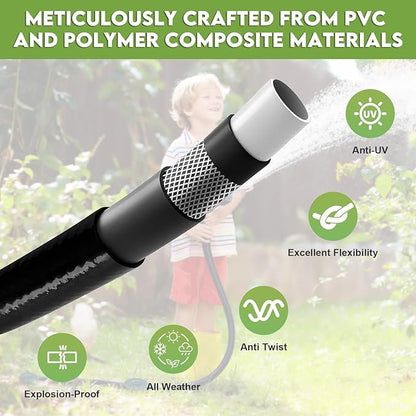50ft 5/8” PVC Garden Hose, Black High Strength Flexible Water Hose-Versatile for Gardening, Agriculture, Industrial, Construction & Household Applications