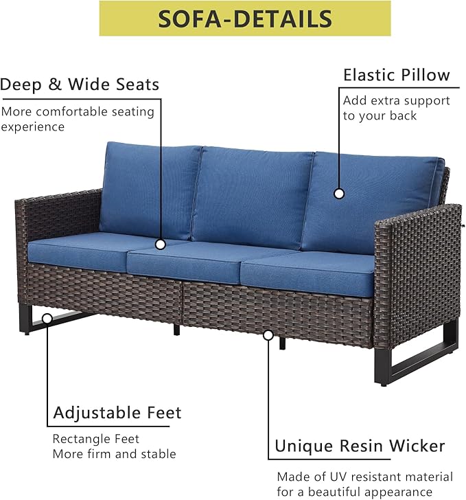 HUMMUH 8 Piece Patio Furniture All Weather 6-Seater Outdoor Sectional Sofa with Patio Swivel Chairs and Outdoor Chairs Ottomans for Porch,Garden,Backyard,Deck(Brown/Blue)