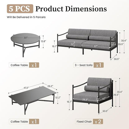 Patio Conversation Set,5 Pcs Metal Outdoor Furniture Set with Aluminum Armrest,3-Seater Sofa,2 Fixed Chairs,Metal Nested Table and 7.1" Extra Thick Cushion,Grey