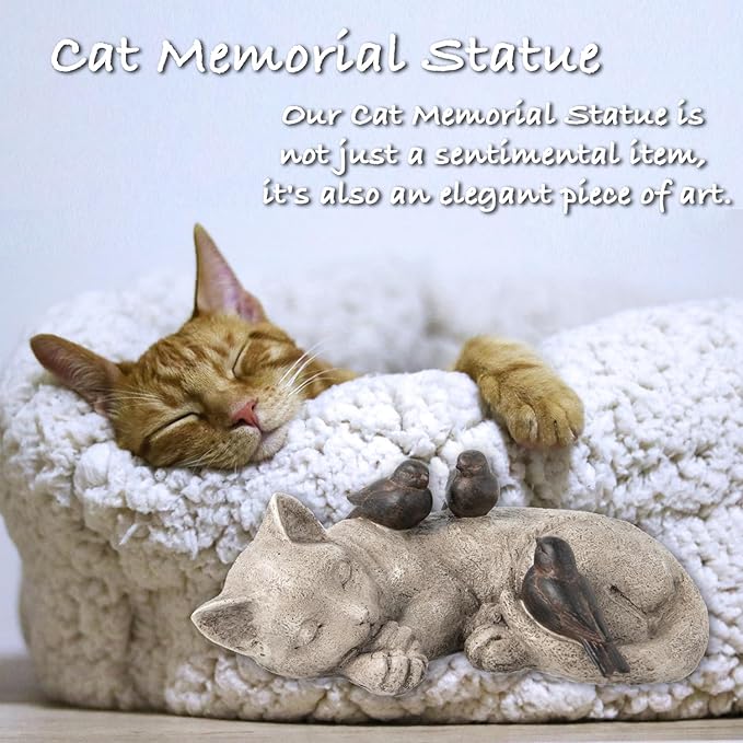 Sleeping Cat Garden Statues Outdoor - 12" Sparrows On Cat Figurine Memorial Statue Grave Markers Garden Resin Statues for Outdoor Decor Outdoor Statue Resin 12" x 8" x 4.5"