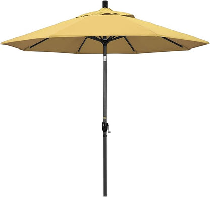 California Umbrella 9' Round Aluminum Market Umbrella, Crank Lift, Push Button Tilt, Black Pole, Sunbrella Wheat