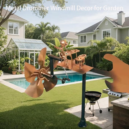 Garden Handmade Metal Rock Band Drummer Guitar Windmill, Kinetic Art Metal Sculpture Wind Spinners, Percussionist Music Rockin Art Figurine, Windmills for Yard Lawn Patio Outdoor Decor (Drummer)