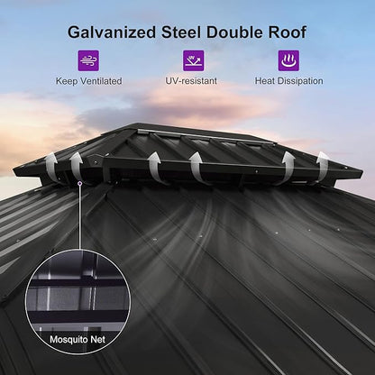 PURPLE LEAF 10' X 12' Hardtop Gazebo Outdoor Wood Grain Aluminum Frame Galvanized Steel Double Roof Gazebos with Netting and Curtains for Patio Deck Backyard Garden