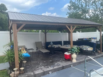 Domi 12’ x 20’ Hardtop Gazebo, Wooden Coated Aluminum Frame Canopy with Galvanized Steel Gable Roof, Outdoor Permanent Metal Pavilion for Patio, Deck and Lawn