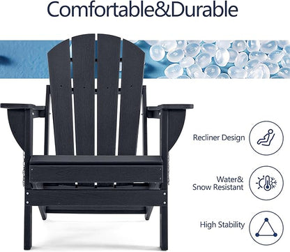 Folding Adirondack Chair, HDPE Outdoor Texture Lawn Chair with Reclining Back, Cup and Phone Holder - Comfortable Firepit Chair Weather Resistant for Patio or Backyard (Dark Black, Set of 1)