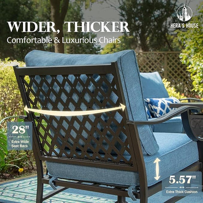 HERA'S HOUSE 4 Piece Patio Furniture Set, 2 x Metal Frame Cushioned Chair, 3-Seat Sofa with Marbling Coffee Table, All Weahter Outdoor Conversation Set for Lawn Garden Backyard, Navy Blue