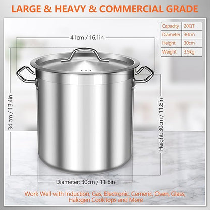 Stock Pot 20 Quart - Stainless Steel Stock Pot with Lid – Heavy-Duty Cooking Pot for Soup, Stew, Pasta – Commercial & Home Use, Induction Compatible - 5 Gallon