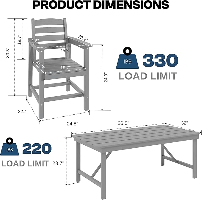 7 Piece Patio Dining Set with 11ft Patio Umbrella (Navy), 7 Gray Outdoor HDPE Dining Set with 6 Chairs + 1 Large Table with 2" Umbrella Hole, for Market, Pool, Garden, Backyard, Deck