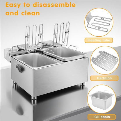 Mvegoiuok Commercial Double Deep Fryer With 2 Basket large deep fryer 3600W Electric Oil Fryer Pot for Home Use 25QT Fish Fryer With Oil Filtration Stainless Steel Frier