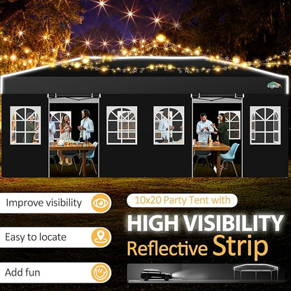 COBIZI 10x20 Pop Up Canopy with 6 Sidewalls One Push Setup Outdoor Event Shelter Waterproof UPF 50+ Gazebo Tent with Carry Bag,Air Vent,Sandbag for Wedding, Commercial, Party,Black