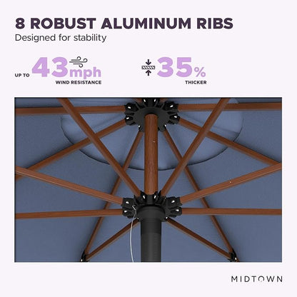 Midtown Umbrellas The Wooden 8 Feet Patio Umbrella With Terylast Light Navy Polyester Fabric - Aluminum Frame Market Umbrella For Backyard, Deck, Garden, Pool - Wooden Pole