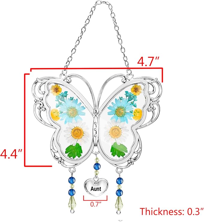 LARAINE Butterfly Suncatcher with Pressed Flower Wings Mom Mother's Day Butterfly Glass Wind Chime Ornament Charm with Metal Heart Gifts for Mom Grandma Aunt Birthday (Aunt, Blue)