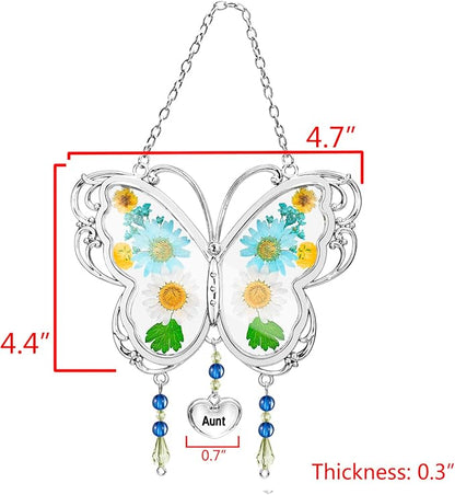 LARAINE Butterfly Suncatcher with Pressed Flower Wings Mom Mother's Day Butterfly Glass Wind Chime Ornament Charm with Metal Heart Gifts for Mom Grandma Aunt Birthday (Aunt, Blue)
