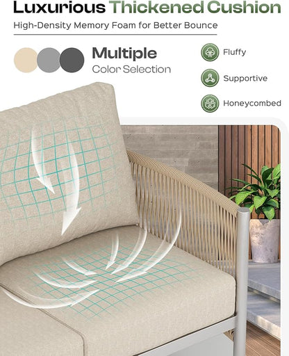 Aluminum Outdoor Patio Furniture Set, HDPE Rope 5 Piece Modern Sectional Conversation Sets with Dual-Layer Coffee Table, All Weather Patio Couch Set with Thick Cushions, Silver Frame, Beige
