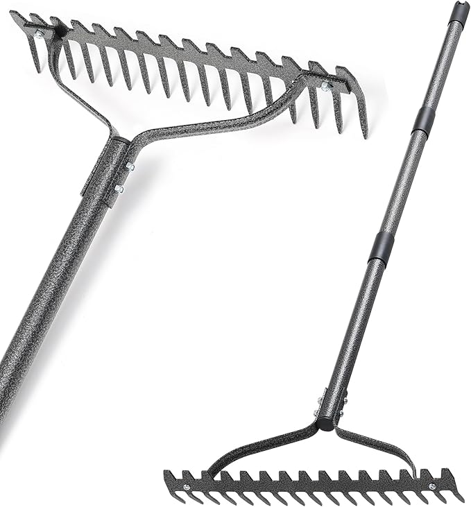 Thatch Rake, 63" Heavy Duty Metal Lawn Leveling Rake with 17 Tines, Garden Tool with Adjustable Long Handle for Looseing Soil, Weede Control