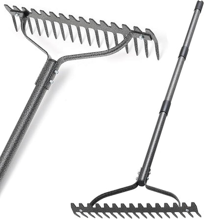 Thatch Rake, 49" Heavy Duty Metal Lawn Leveling Rake with 17 Tines, Garden Tool with Adjustable Long Handle for Looseing Soil, Weede Control