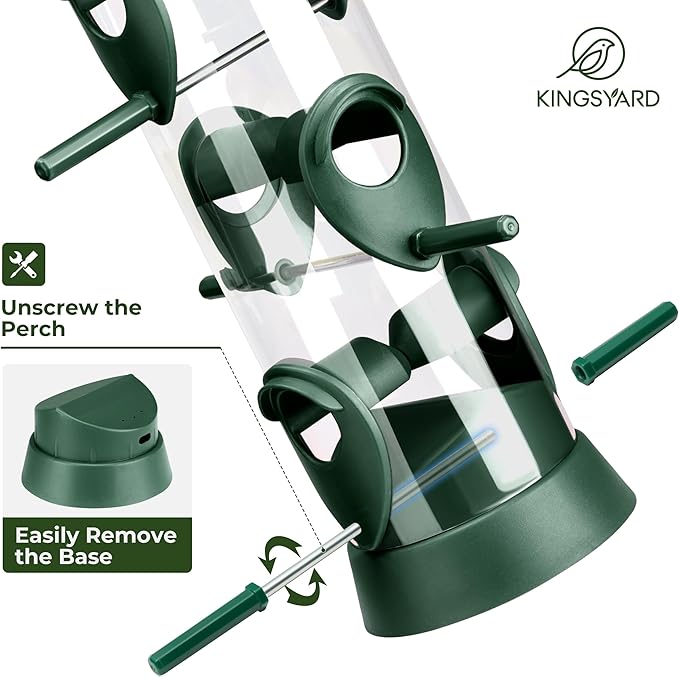 Kingsyard 2 Pack Tube Bird Feeder for Outdoors Hanging, Removable Base and Perch, 6 Feeding Ports - Easy to Clean, Premium Hard Plastic, Attracting for Finches Cardinals (Green)