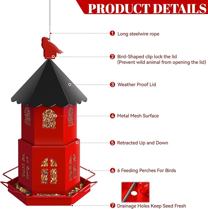 Bird Feeders for Outdoors Hanging, ULENDIS Metal Bird feeders for Outside Attracting Wild Birds, Installation-Free Large Bird Feeder for Garden Cardinal Finch Blue Jay (Red)