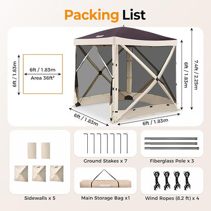 Tecoom 4 Side Pop Up Gazebo Tent, 6x6ft Waterproof Instant Screen with Mosquito Netting, Removable Wind Cloths, Portable Outdoor Canopy for Sun Shelter for Camping, Garden and Picnics