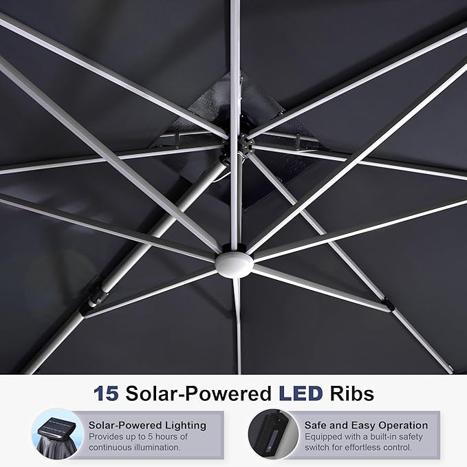PURPLE LEAF 9' X 12' Double Top Deluxe Solar Powered LED Rectangle Patio Umbrella Offset Hanging Umbrella Outdoor Market Umbrella Garden Umbrella, Grey