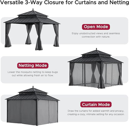 SUNJOY Kingston 12' x 12' Hardtop Gazebo with Galvanized Steel Double Roof, Curtain and Netting, Gray Aluminum Posts Permanent Pavilion Gazebo for Garden, Patio, Deck, Lawn