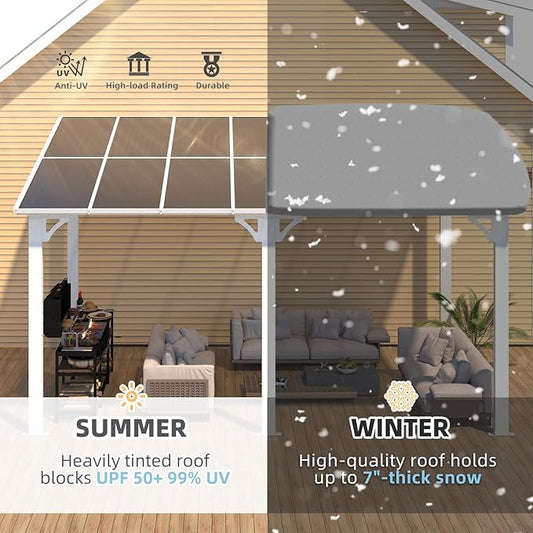AECOJOY 14' x 8' White Gazebo Outdoor Pergola for Patio, Hard Top Lean to 8x14 Gazebo Shelter Pergolas and Gazebos Clearance with Patio Roof, Large Wall-Mounted Heavy Duty Awnings for Patio