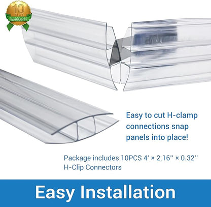 10 PCS Polycarbonate Greenhouse H-Clip Connectors 4ft Length, Fits 0.24’’ & 0.32’’ Twin-Wall Polycarbonate Panels Duty Dust, Rain & Moisture Protection Durable (H-Clip 4' × 2.16’’ × 0.32’’)