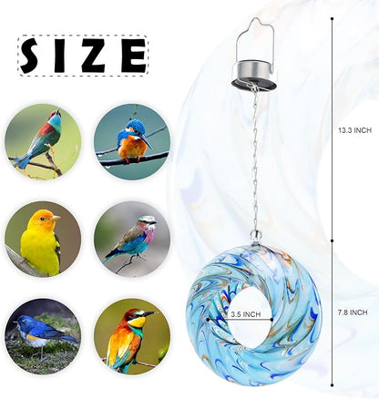 VCUTEKA Bird Feeder Solar Fly Through Bird Feeders for Outside Hanging with Round Shape Glass Container to Attract Wild Birds for Garden Decor, Solar Birdfeeder as Gift for Lovers, Light Blue 8-Inch