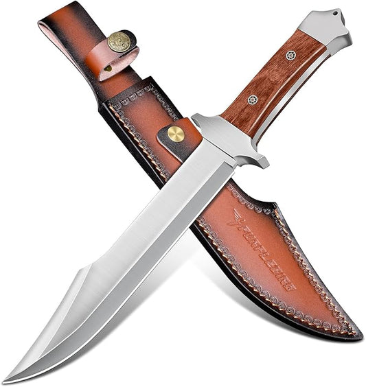 PURPLEBIRD 10" Fixed Blade Hunting Knife for Men, Full Tang Bowie Knife with Sheath, Heavy Duty Machete Knifes, Stainless High Carbon Steel Survival Knives for Camping, Bushcraft, Gifts for Men