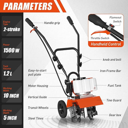 62cc Gas Tiller Cultivator, 10-Inch 2-Cycle Gas Powered Garden Tiller for Heavy Duty Soil, Self-Propelled Lawn Tiller with 4 Steel Tines & Adjustable Handle, Easy Pull Start for Clay/Dirt