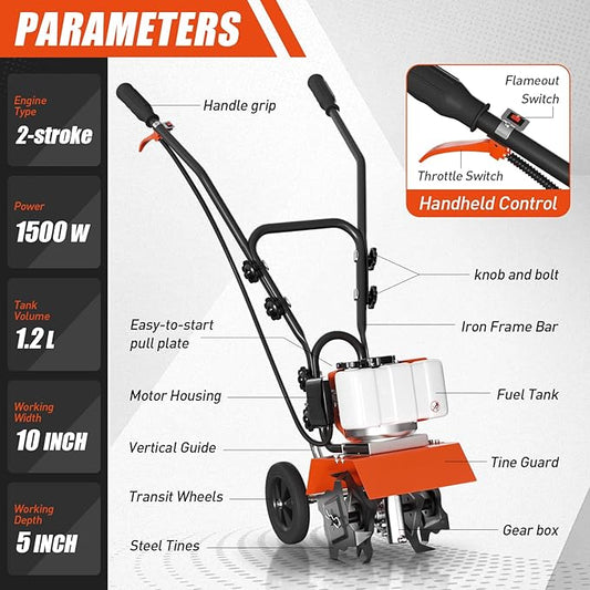 62cc Gas Tiller Cultivator, 10-Inch 2-Cycle Gas Powered Garden Tiller for Heavy Duty Soil, Self-Propelled Lawn Tiller with 4 Steel Tines & Adjustable Handle, Easy Pull Start for Clay/Dirt