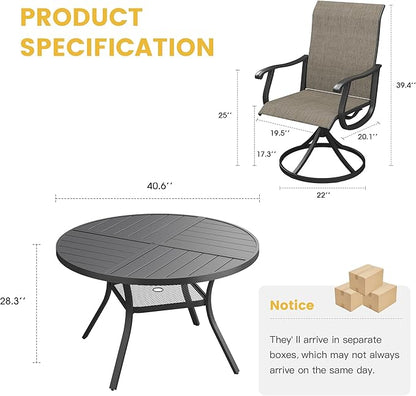 VICLLAX 5 Pieces Patio Dining Set for 4, Outdoor Furniture Set Includes 40.6" Round Outdoor Table and 4 Patio Swivel Chairs for Lawn Garden, Black Tabletop and Mixed Brown Fabric