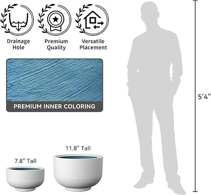 Kante 13.8 Inch Dia Concrete Bowl Planter, Large Tapered Bottom Plant Pot with Drainage, Smooth White Finish with Aqua Blue Interior, Ideal for Porch, Home, Garden, Patio