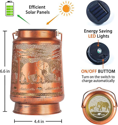 Elephant Solar Lanterns Outdoor Waterproof Hanging Solar Lights Elephant Gifts for Women Men Metal Decorative LED Lanterns for Yard, Patio, Lawn, Tabletop, Pathway, Landscape, Garden Decor