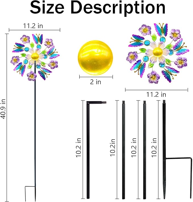 40" Solar Butterfly Wind Spinners Garden Stake, Solar Wind Sculpture Yard Art Decorations for Lawn,Patio&Yard & Garden Decor, Metal Whirligigs Wind Spinners Outdoor