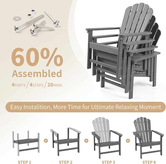 Stackable Adirondack Chairs Set of 2, Space Saving HDPE All-Weather Fire Pit Chair for Outdoor Lawn Porch Deck