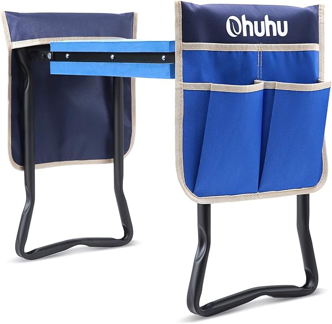 Ohuhu Garden Stool Garden Kneeler and Seat, Foldable Gardening Bench Heavy Duty with Thicker Wider Kneeling Pad 2 Large Tool Pouches Gifts for Fathers Day Men Gardener Parents Elders Friends